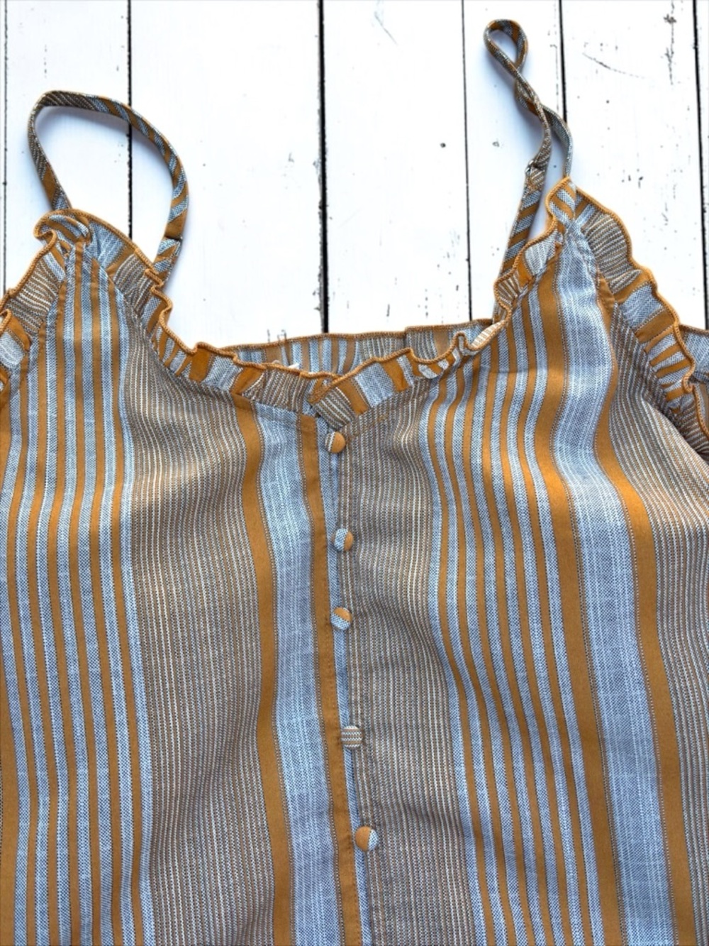 Entro Rust Gray Striped Tank Top Large Button Front Ruffle Boho Chic - Picture 4 of 5